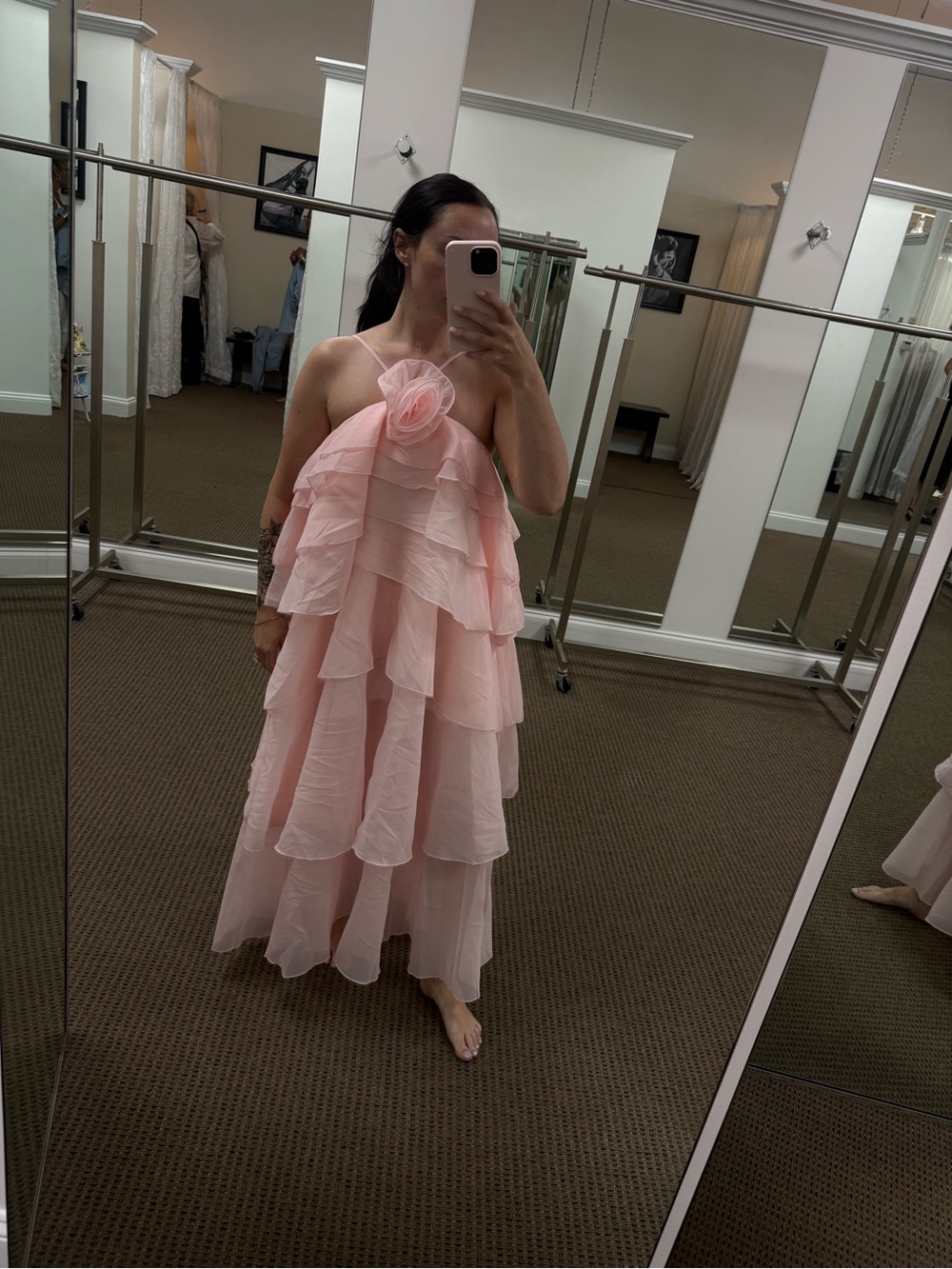 Romantic Tiered Ruffle Pink Evening Dress with Floral Accent